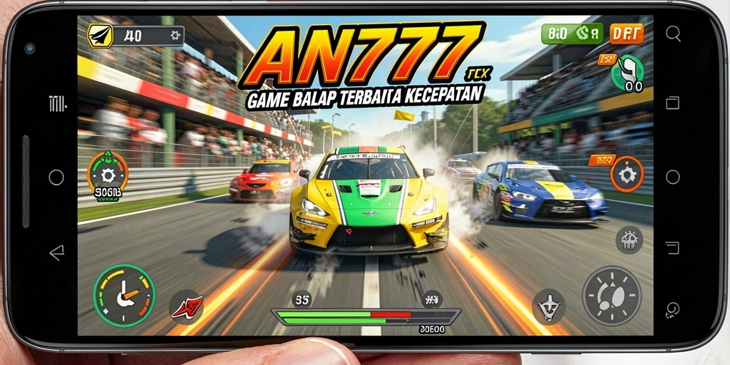 Screenshot gameplay AN777 menampilkan balapan yang seru dan mobil berkecepatan tinggi.