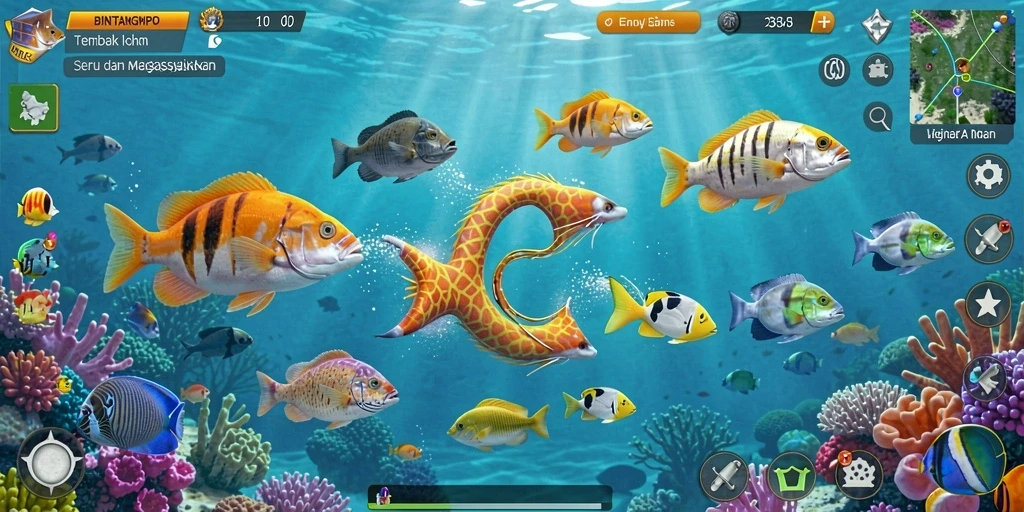 Screenshot BINTANGMPO menampilkan aksi seru Tembak Ikan di bawah laut.