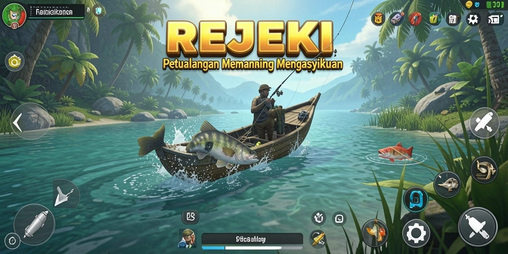 Tampilan dinamis dari gameplay memancing dalam REJEKI.