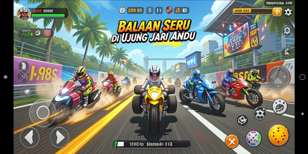 Tampilan gameplay V98 dengan aksi balapan seru dan mobil cepat.